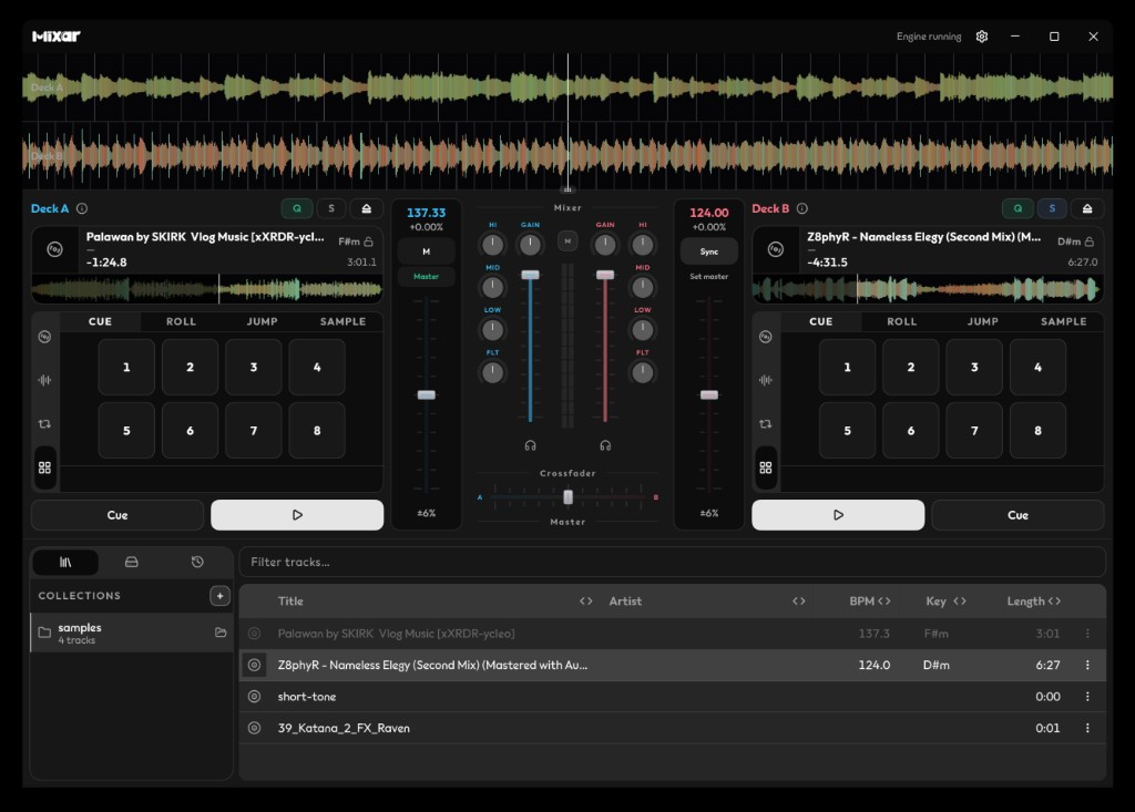 Mixar DJ interface with dual decks, waveforms, and mixer